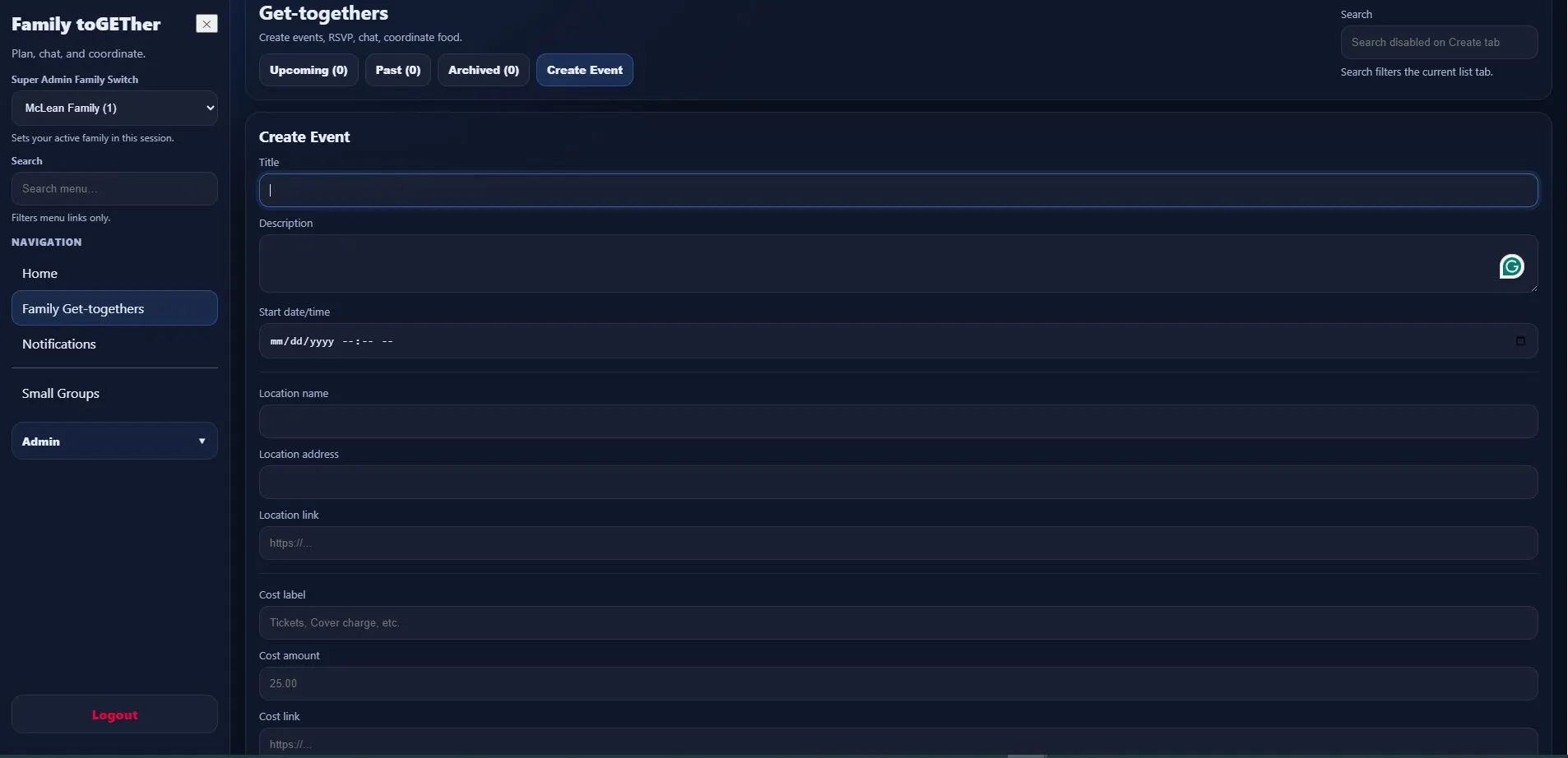 Family toGETher features showing RSVP, food planning, and chat tools for events