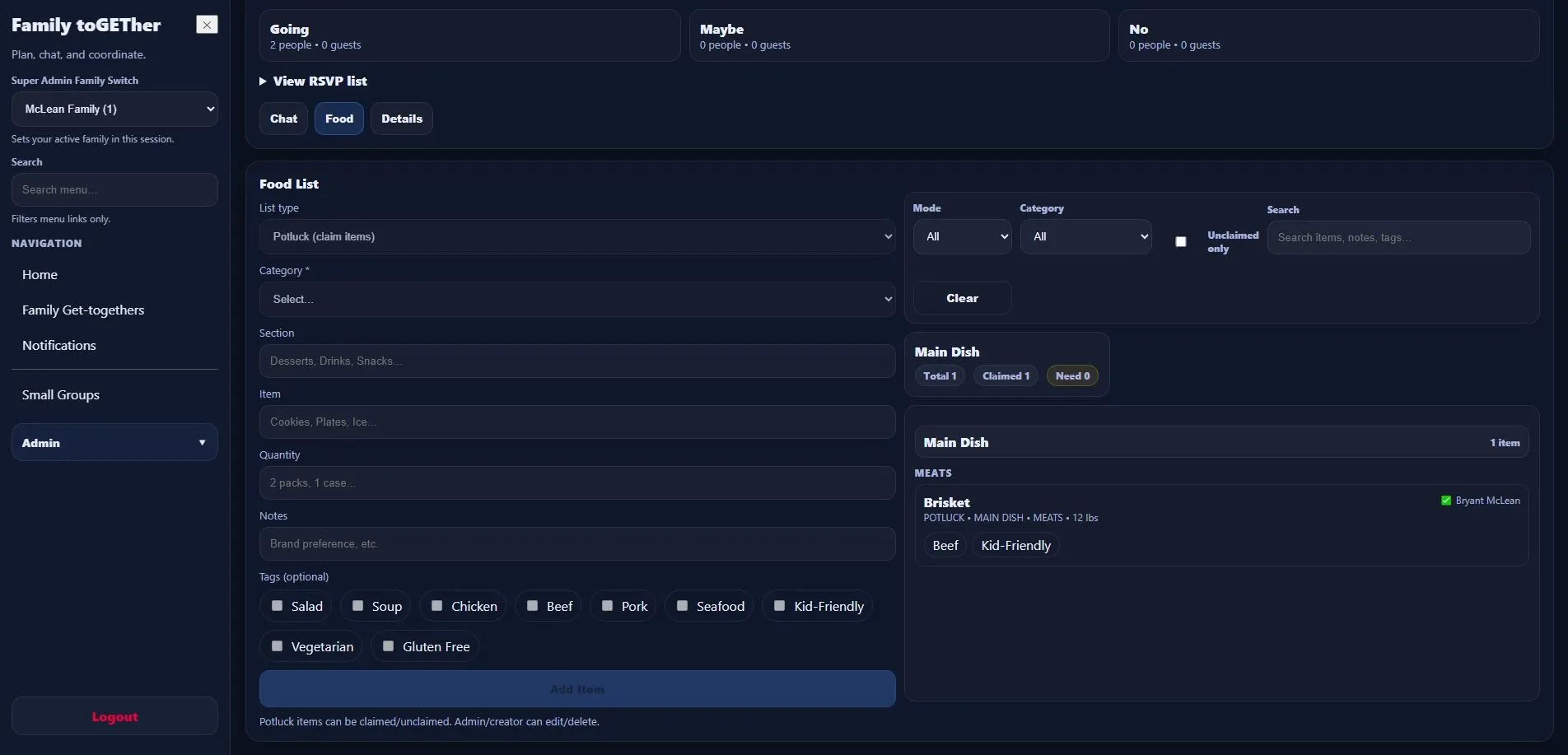 Family toGETher event page showing RSVP tracking, food planning list, and chat in one place