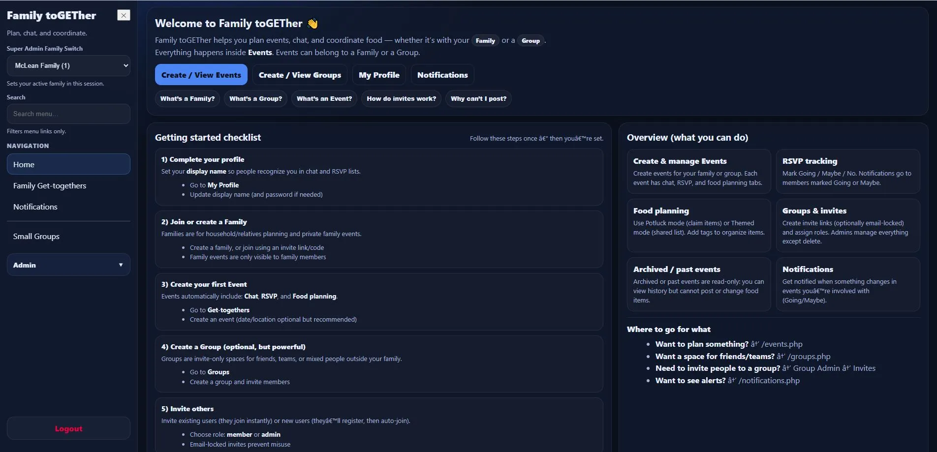 Family toGETher home page showing a getting started checklist and an overview of available features.